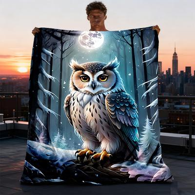 1pc Owl Night Forest Throw Blanket Polyester Fiber, Lightweight Flannel, Soft & Warm, All Season Use for Outdoor, Camping