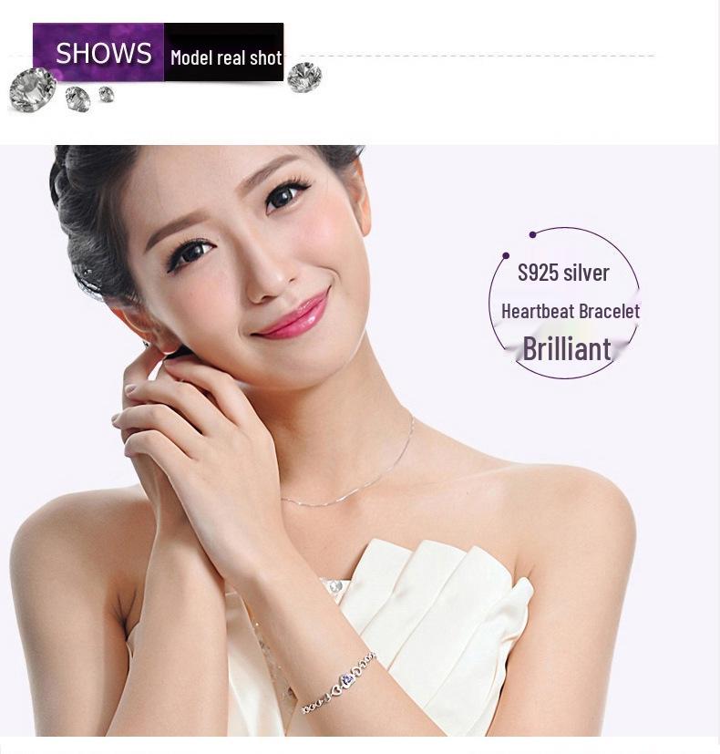 Zhenrong 925 Silver Heart Bracelet with Purple & White Diamonds