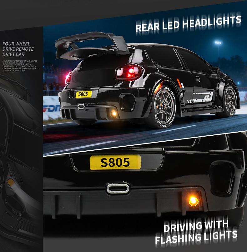 1:24 4WD Drift RC Car with LED Lights, Replaceable Tires, 2.4G Remote Control, 2 Speed Modes, Rechargeable Toy for Kids & Adults