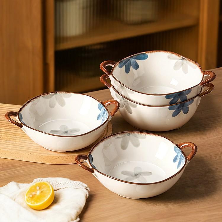 Large Dark Blue Double-Eared Ceramic Soup and Ramen Bowl