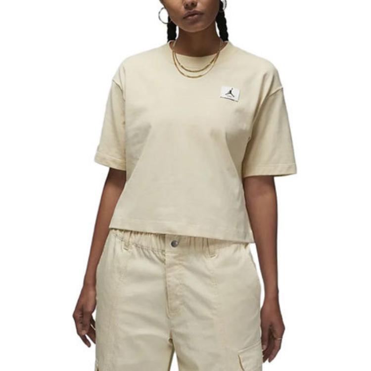 Jordan Essentials Logo Loose Fit Round Neck Short Sleeve Drop Shoulder T-Shirt Women Tops Beige DO5038-234