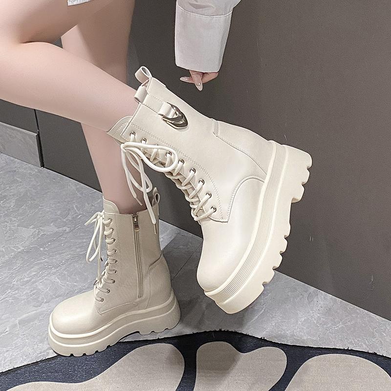 Mode Herbst Damen Mid-Calf Stiefel 9,5cm Absätze Hohe Plateaustiefel Motorradstiefel Leder Klobige Schuhe Frau Dicke Sohle Kurze Punkstiefel