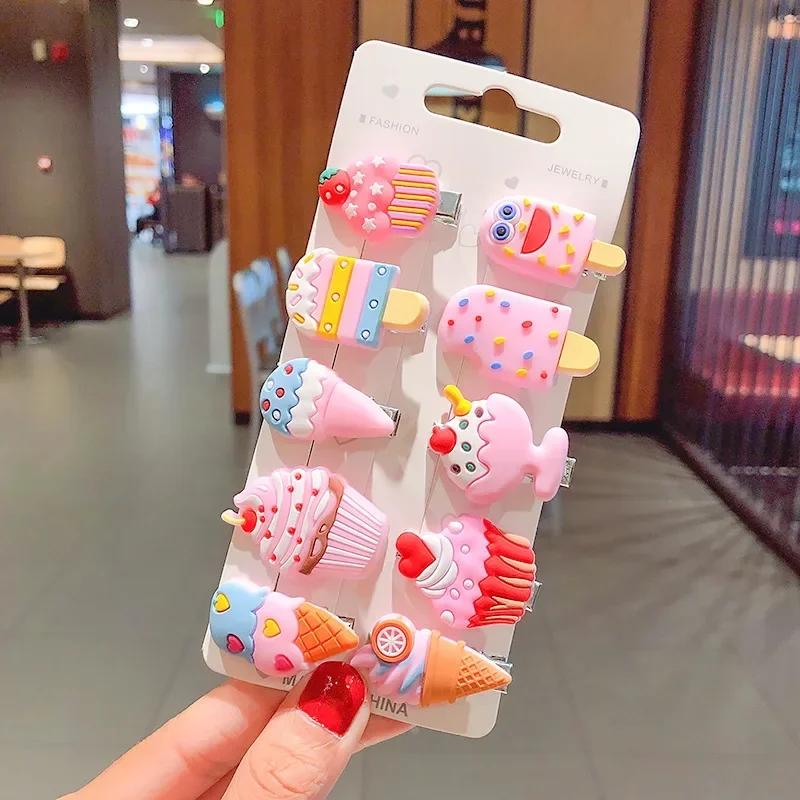 10PCS/Set Cute Cartoon Ice Cream Unicorn Hair Clips for Girls Lovely Fruit Hairpin Princess Barrettes Kids Hair Accessories Gift