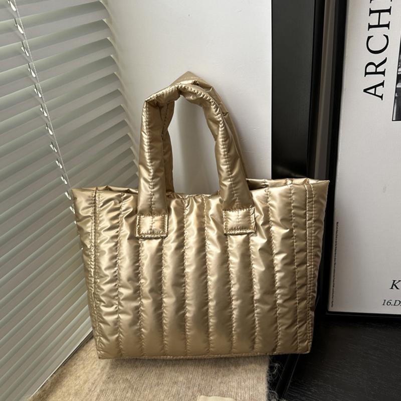 Large Capacity Quilted Tote Bag for Women Elegant Padded Solid Color Shoulder Bag for Vacation Casual Commuting Handbags