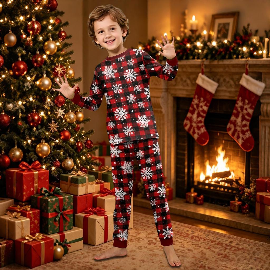 Christmas Print Family Matching Pajamas Set, Round Neck Long Sleeve and Pants Loungewear