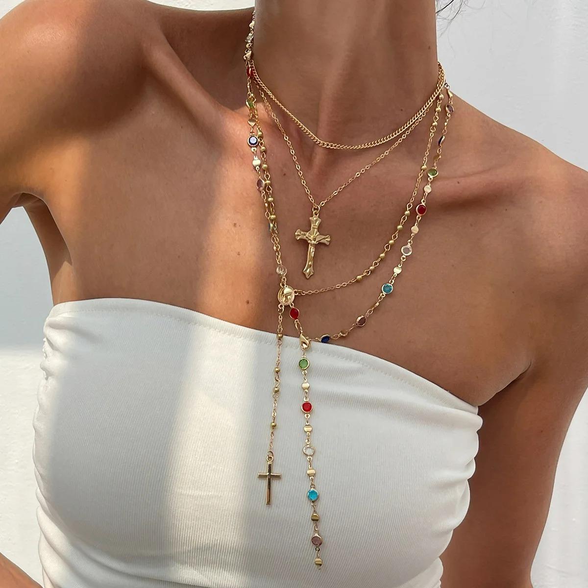 

1 Set Luxury Rhinestone Cross Pendant Necklace Set for Women Vintage Simple Colorful Crystal Long Y-shaped Party Jewelry