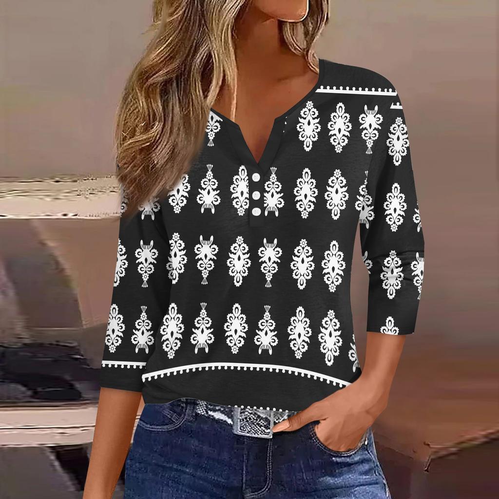 Damen-T-Shirt, T-Shirt, bedruckt, Knopfleiste, 3/4-Ärmel, tägliches Wochenende, modisch, Basic, V-Ausschnitt, normales Oberteil