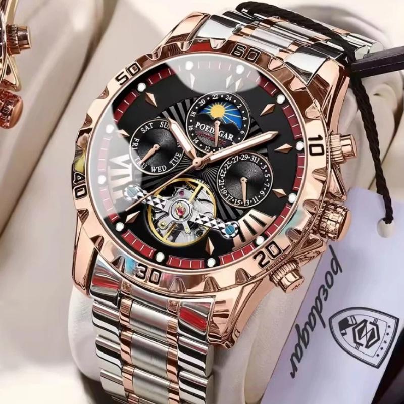 POEDAGAR Luxury Men Watch Luminous Waterproof Hollow Tourbillon Male Clock Week Date Business Automatic Mechanical Watches
