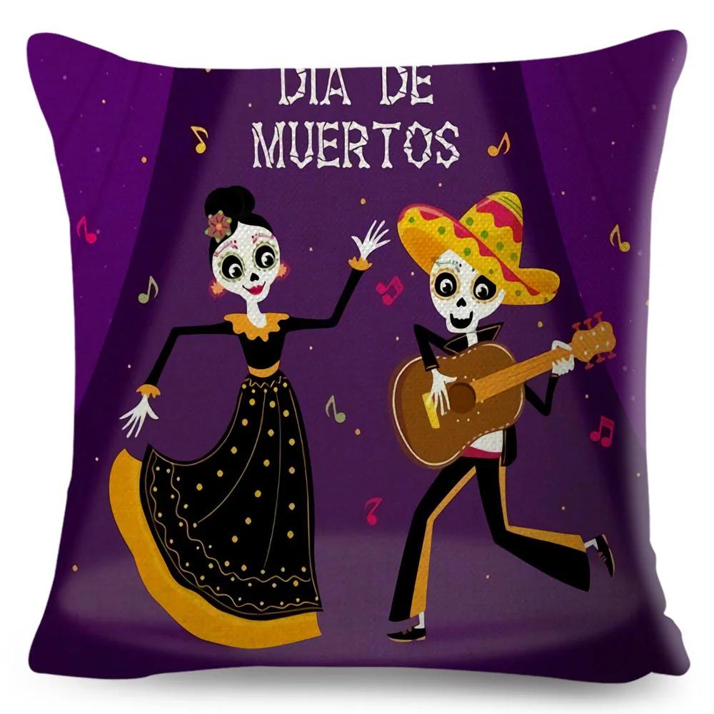 Day Of The Dead Pillowcase Decor Cartoon Mexico Flower Skull Print Cushion Cover for Sofa Home Polyester Pillow Case 45x45cm