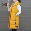 Fall Winter Cotton Vest Coat Mid Length Thickened Padded Sleeveless Zip Up Zipper Closure Drawstring Hooded Windproof Heat Retention Lady Waistcoat