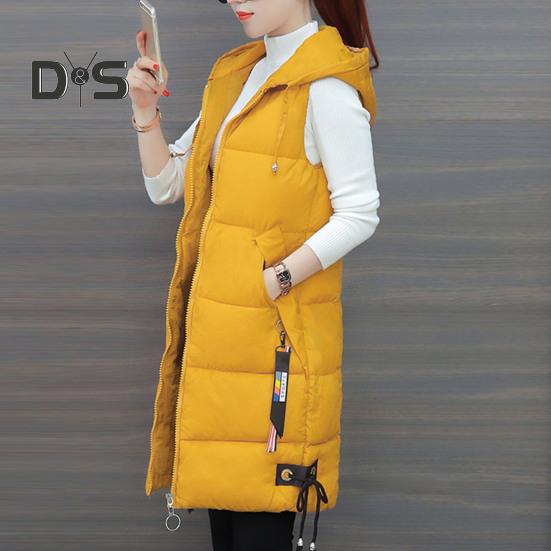 Fall Winter Cotton Vest Coat Mid Length Thickened Padded Sleeveless Zip Up Zipper Closure Drawstring Hooded Windproof Heat Retention Lady Waistcoat