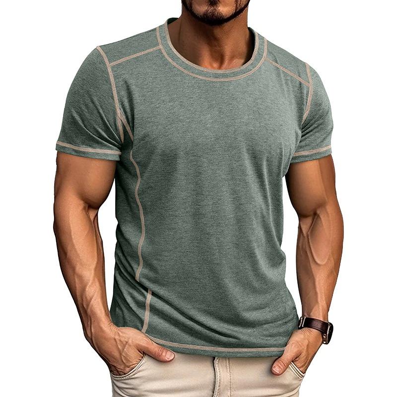 Men's Casual Contrast Stitching Crew Neck T-shirt Short Sleeve Slim Fit Sports Tee