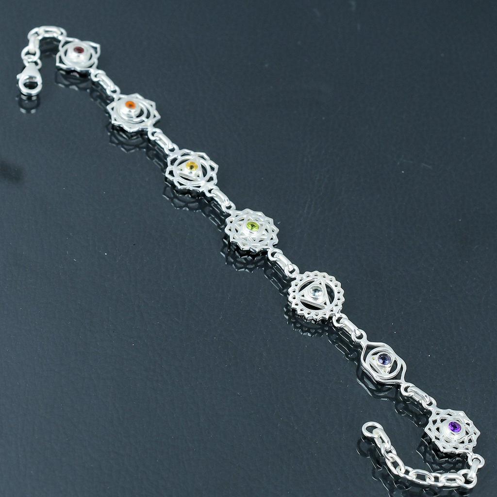 Natural Seven Chakra Gemstone Bracelet, 925 Sterling Silver, Link Bracelet, Handmade Multi Gemstone Chakra Bracelet Jewelry Gift For Valentine's Day