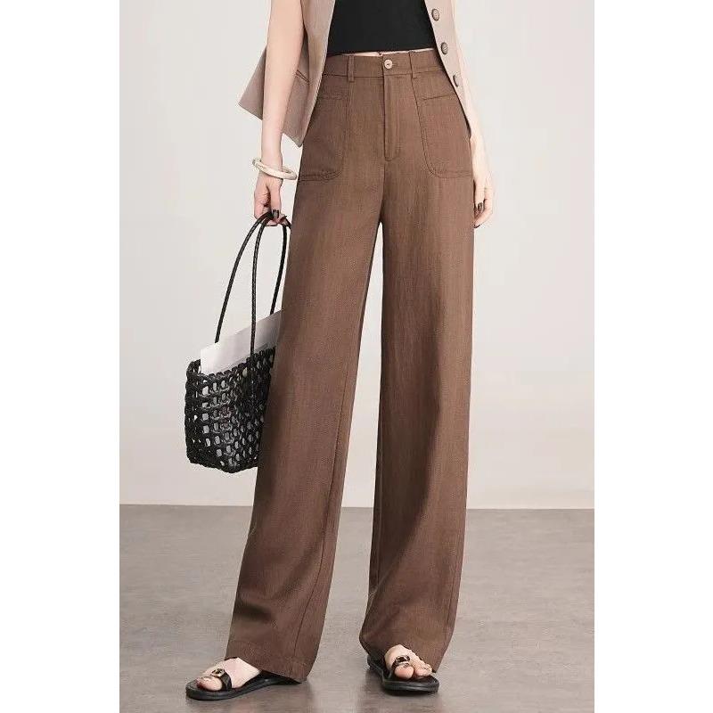 

Women s Wide-Leg Pants - High Waist Vertical Stripe Casual Long Trousers S коричневий