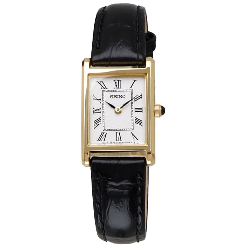 Seiko Women's Square Design Quartz Watch SWR054 with White Dial and Black Leather Band