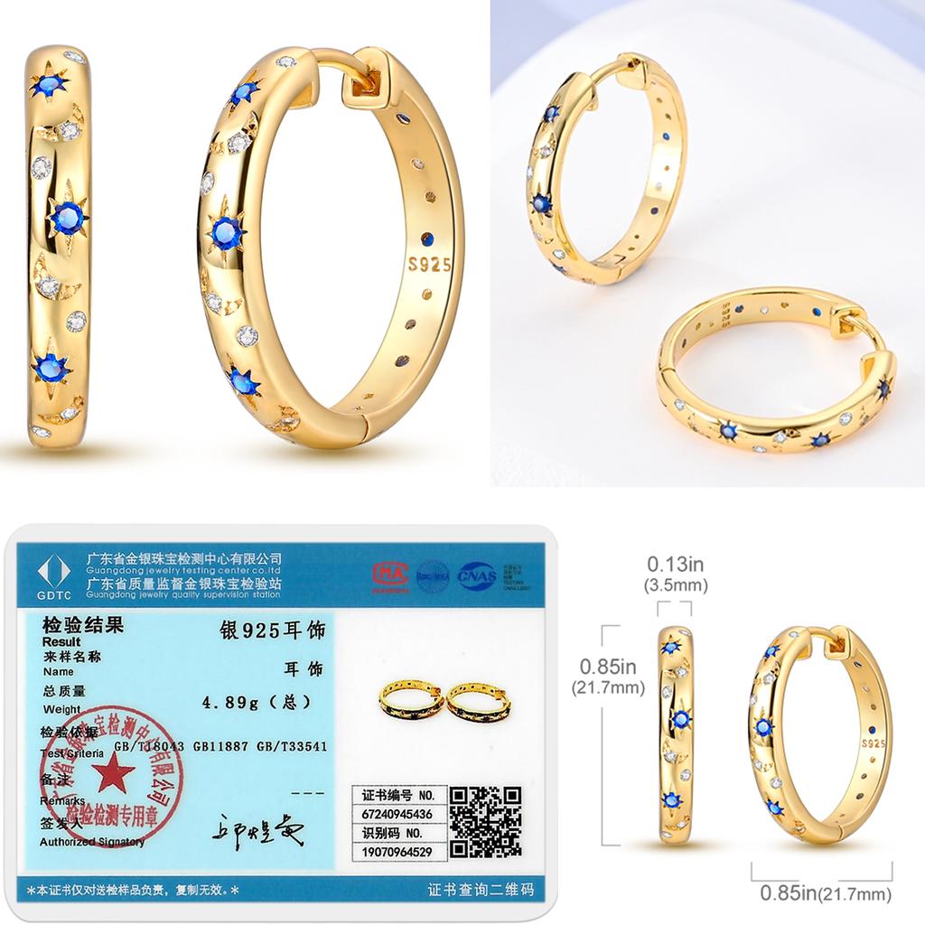 925 Silver Golden Earring Women CZ Zircon Hoop Ear Studs Sparkling Pave Moon Star Earring Wedding Anniversary Gift