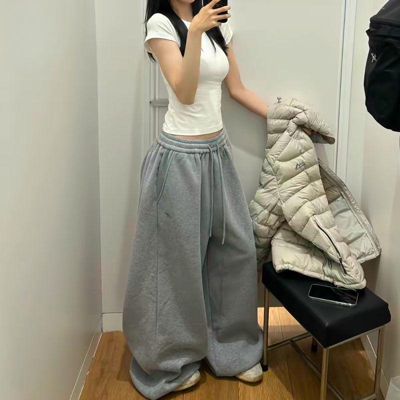 VIONA Y2K Streetwear Grå Sweatpants Dam Koreanska Överdimensionerade Lösa Allt-Match Sportsbyxor Hög Midja Dragsko Avslappnade Vida Byxor