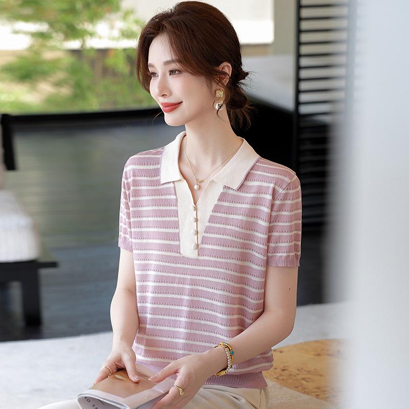 

2025 Летняя футболка с лацканами, цветными блоками и полосками, с коротким рукавом для мам: Универсальный повседневный топ для женщин среднего и пожилого возраста. XL фиолетовый/розовый