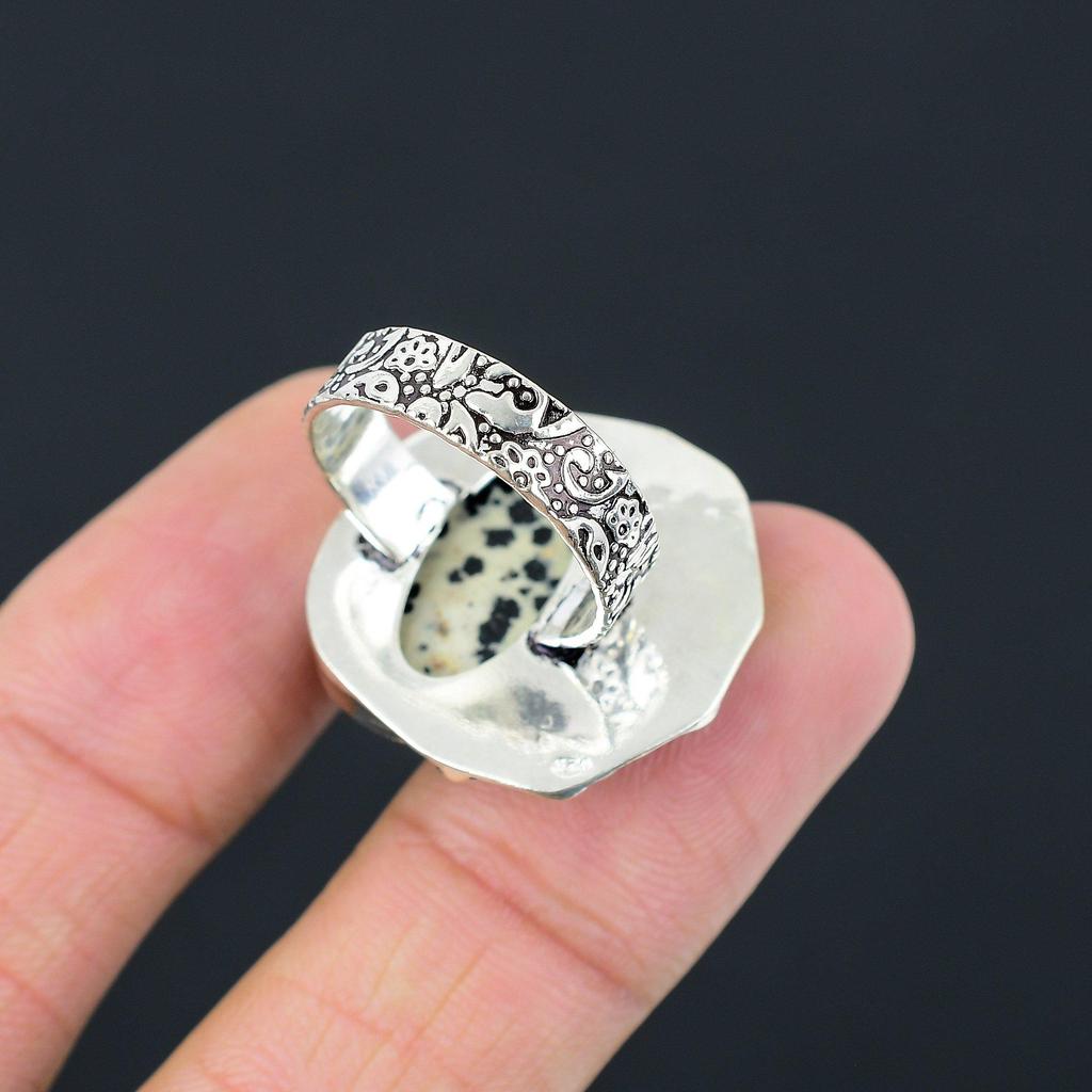 925 Silver Oval Dalmatian Jasper Stone Statement New Stackable Ring Jewelry US 8