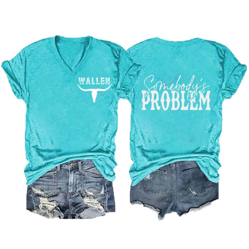 Women V‑Neck Short Sleeve T‑Shirt Double‑Sided Letter Print Casual Street Fashion Ladies Top S‑3XL