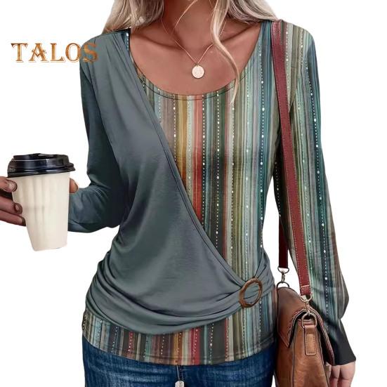 Damen-Oberteile, Rundhalsausschnitt, Langarm, Pullover, Tops, Streifendruck, Spleißdesign, lässig, lockeres T-Shirt für den Alltag