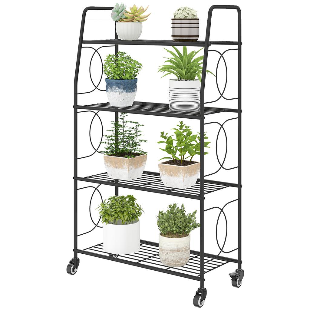 4-Tier Metal Plant Stand, Heavy Duty Ladder Shelf Potted Plants Display Rack with Lockable Wheels