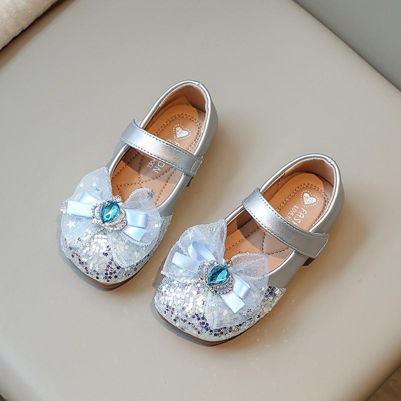 New Girls Mary Jane Shoes for Party Wedding Shows Rhinestones Bow Sequins Hook & Loop Children Fashion Leather Shoes 2024 Korean