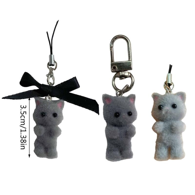 Flocking Cat Pendant Keychain Bows Shaped Key Chain Bowknot Keyring Jewelry Camera Bag Decorations Handmade Gift