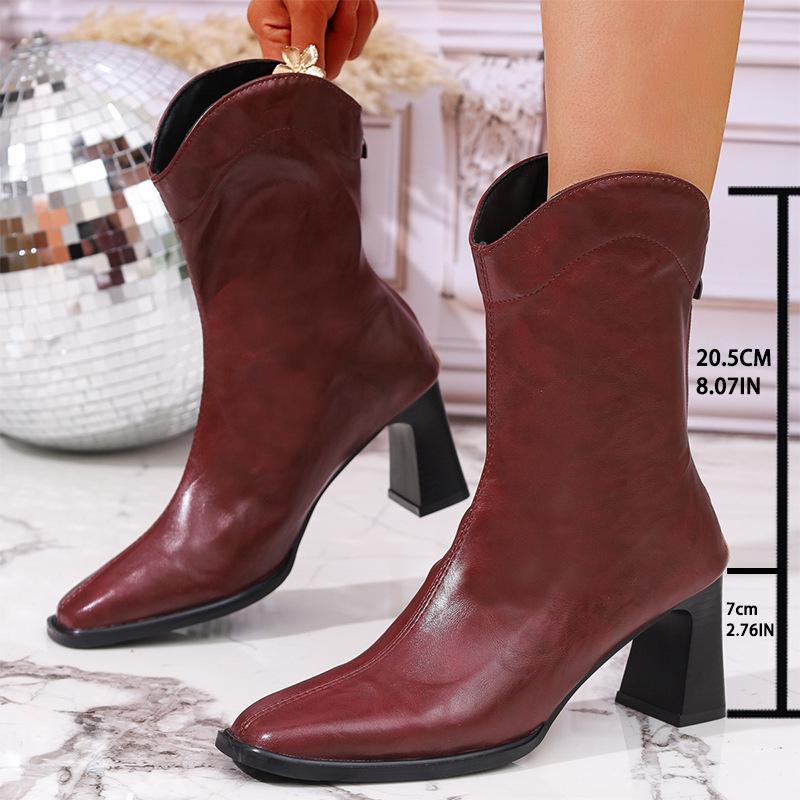 New European and American Large-size Martin Boots, Women's Pointed High-heeled Leather Short Boots, Fashionable New Rear Zipper Leather Boots
