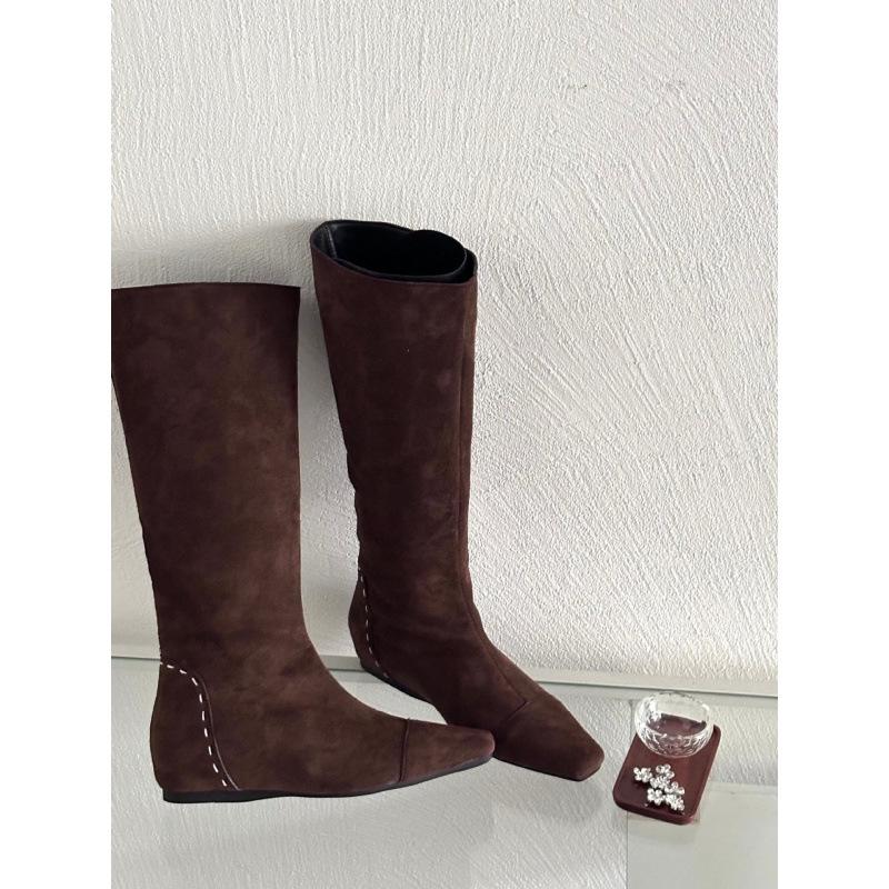 Design sewing thread retro 2025 winter new pointed head inner height increase suede tall tube western cowboy boots women