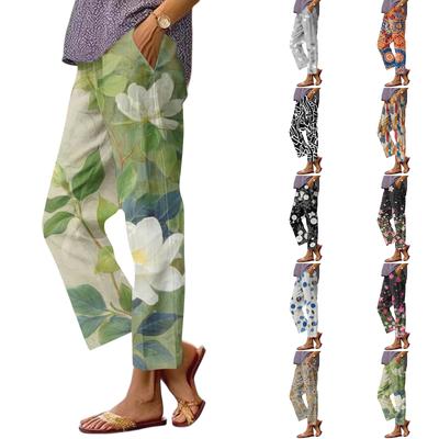 Damen Casual Mode Hosen mit Blumendruck Gerades Bein Hosen mit Taschen