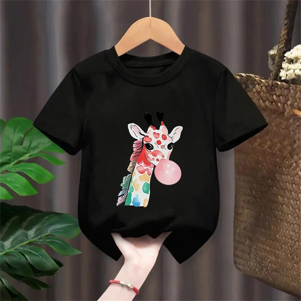 Y2k Giraffe with Gum Printed Short Sleeve T Shirts Animal Kids Childrens Tshirt Boys Girls Summer Spring Casual Top Tee Shirt