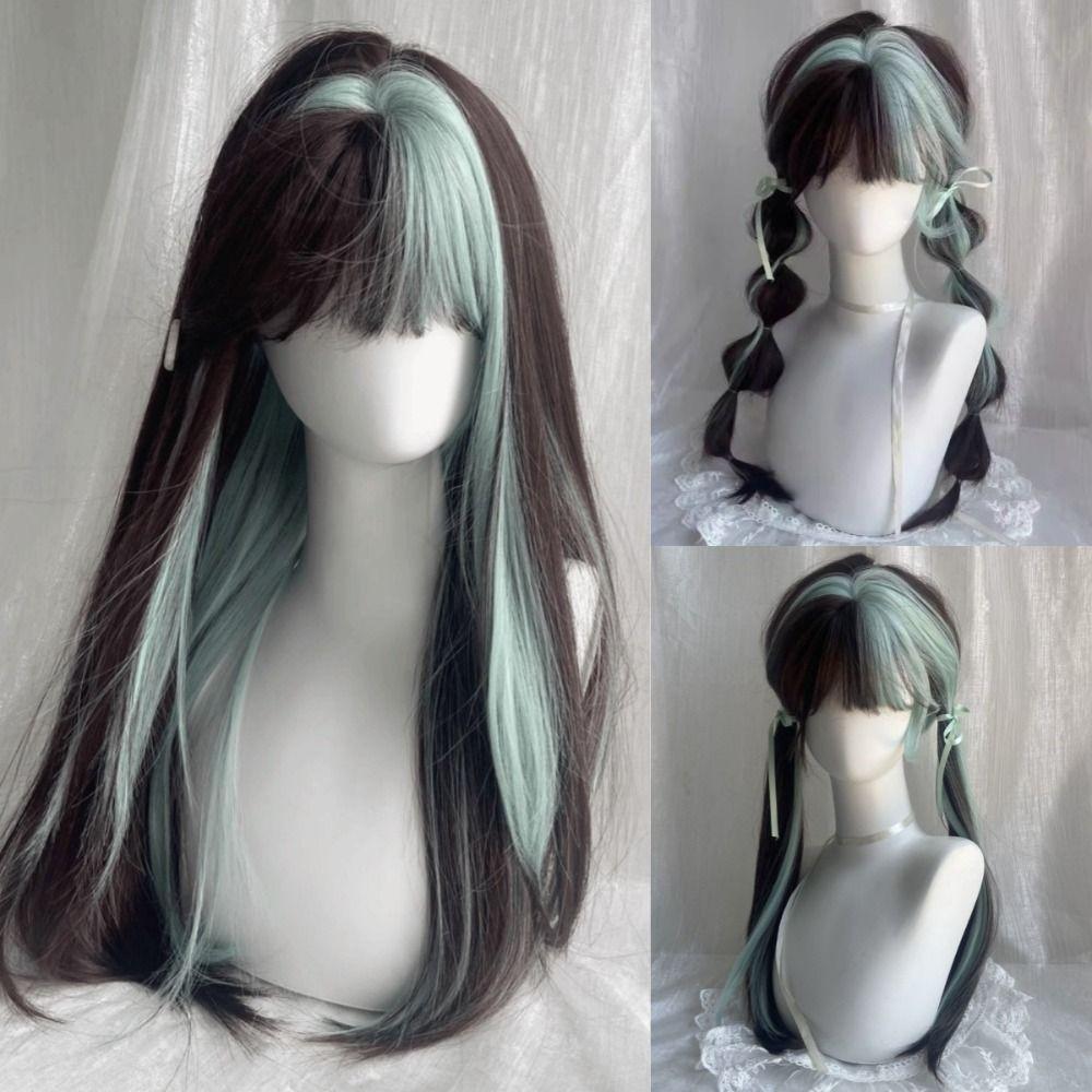 Cosplay Ombre Mint Green Brown Hair Fluffy Long Straight Wig with Bangs  Halloween