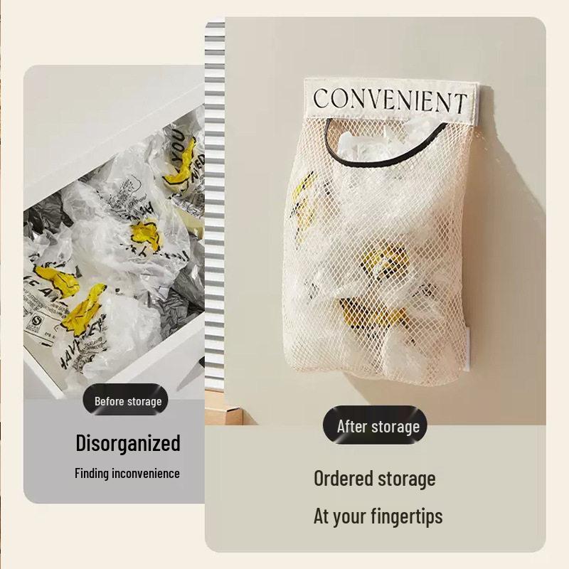 Cream-Colored Wall-Mounted Mesh Bag: Large Capacity Kitchen Storage with Velcro.