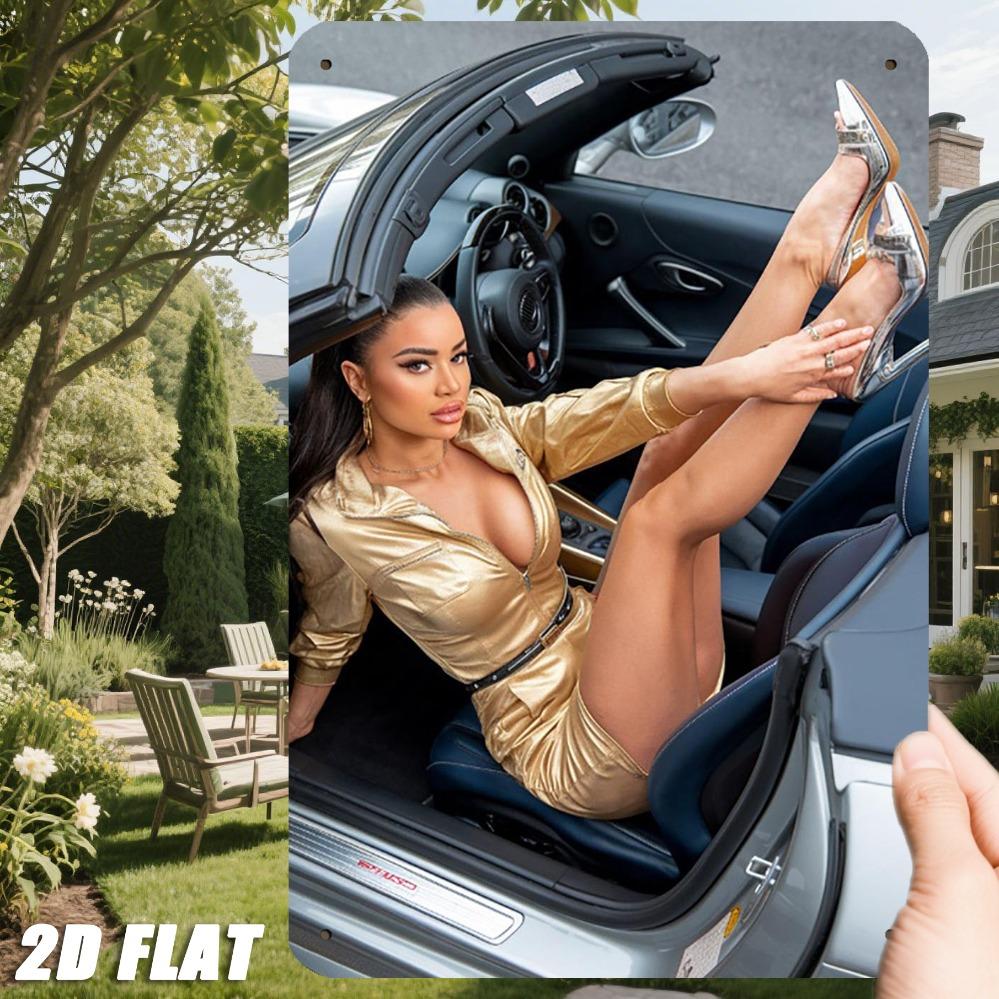 JIT Retro Iron Metal Sign 8in*12in Golden Dress Lady Car Model Logo - Man Cave Workshop Pub Wall Decorations