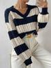 New Autumn Lazy Loose V-Neck Cable Knit Striped Sweater Long Sleeve