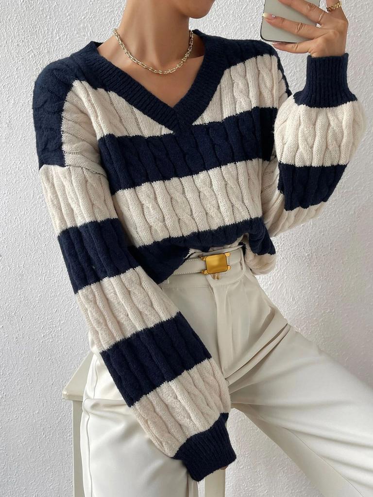 New Autumn Lazy Loose V-Neck Cable Knit Striped Sweater Long Sleeve