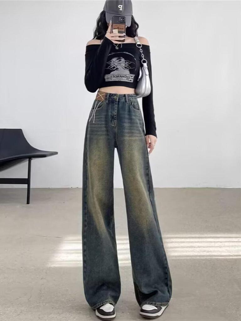 Jeans Retro Blu a Gamba Larga per Donne a Forma di Pera - Primavera/Autunno, Lunghezza Maxi, Vestibilità Larga