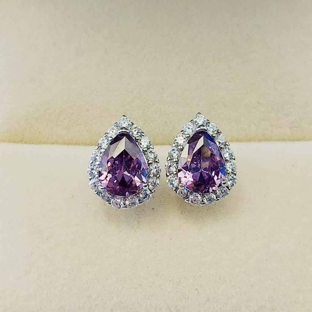 Earrings, Water Drop-shaped Zircon Stud Earrings, Women's Light Luxury High-end Zircon Stud Earrings, Versatile Colored Treasure Earrings.