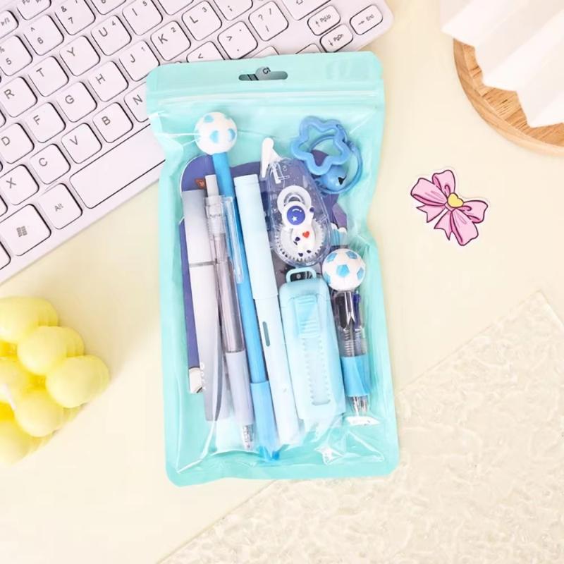1Set Cartoon School Stationery Set Pens Stick Note Student Tools Gift Kit Eraser Large Capacity Learning Gift Box