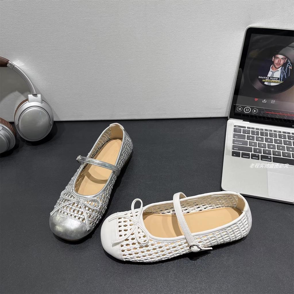Ballet style bow hollow woven one-word buckle shallow mouth single shoes women's spring and summer 2025 new x Mary Jane shoes