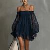 European and American Sexy, Women's Perspective, Long-sleeved Suspender Solid Color, Elastic One-word Collar Lace Dress