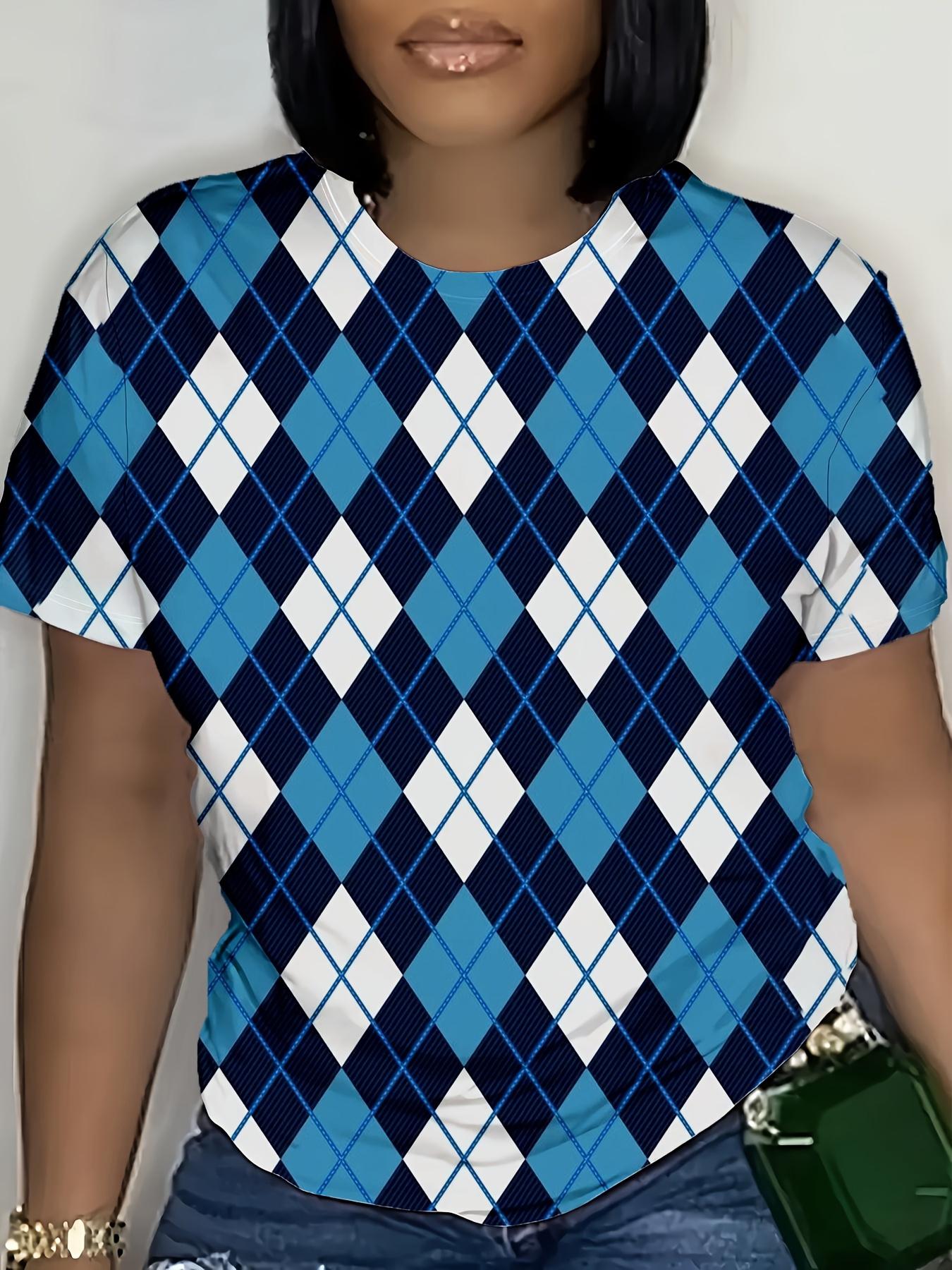 

Blue and Black Checkered Pattern Overseas Print Women s T-shirt. Short-sleeved Shirt. Fashionable Round Neck. Suitable for Daily Wear. the Best Gift f 3XL дубильна кора