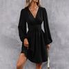 Women's Fashionable Solid Color V Neck Long Sleeved Pleated Versatile Dress