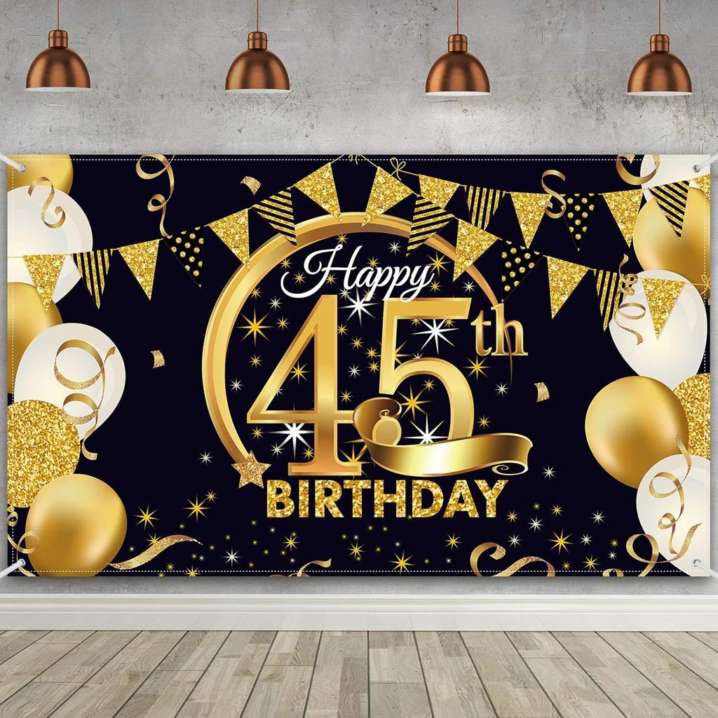 Birthday Party Decoration Extra Large Fabric Black Gold Sign Poster for Anniversary Photo Booth Backdrop Background Banner, Birthday Party Supplies,