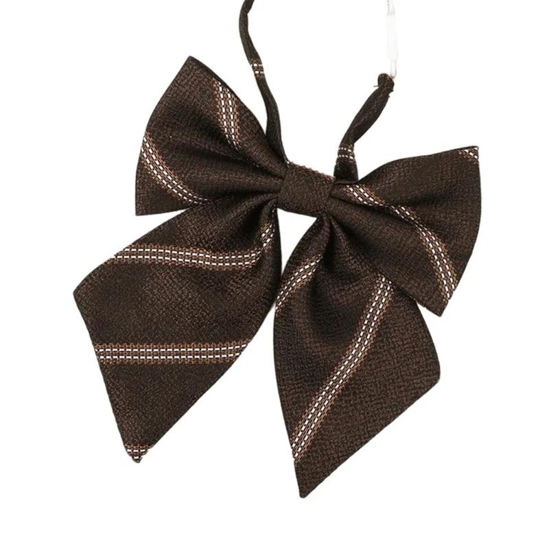 Polyester Silk Pre-Tied Neck Tie Vintage Brown Checkered Striped Necktie JK Girl School Student Uniform Bowknot Bowtie