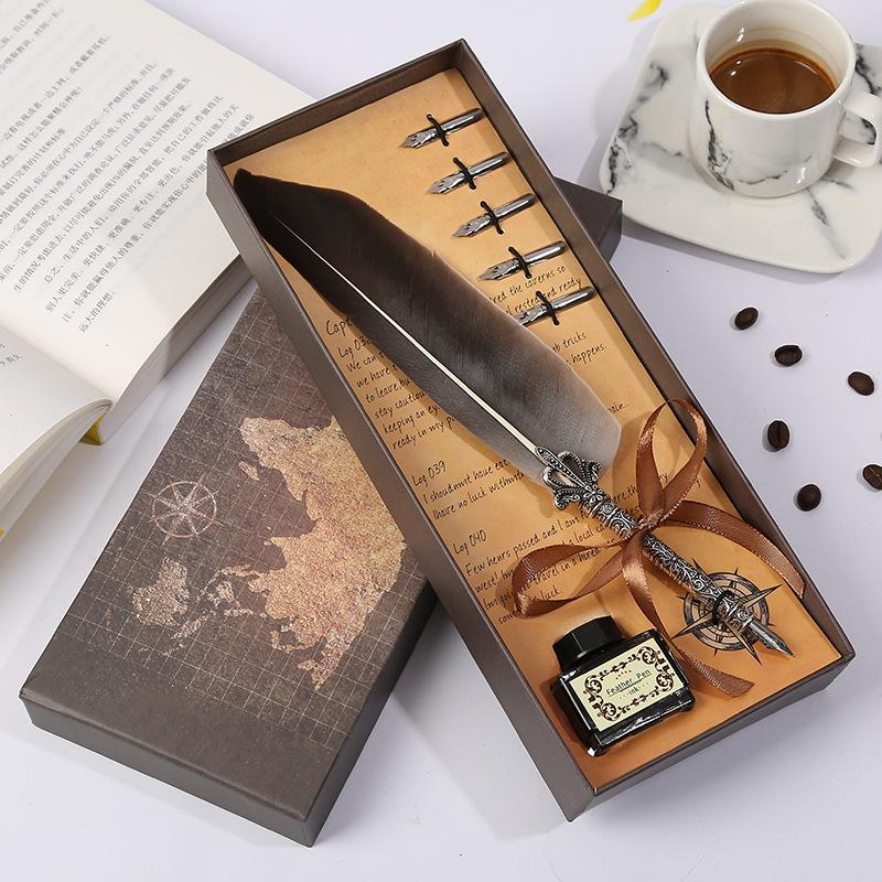 Map Creative Pen Gift Box Crown Quill Set Retro Metal Pen Pen Gift Pen