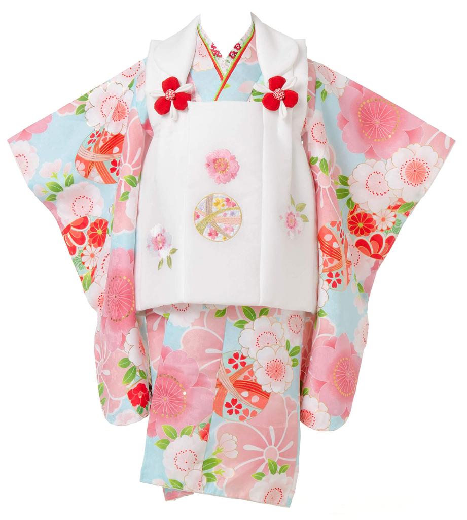 Kimono 3 Years Old Cloth Set Girls Kyoto Hanahime Mari 4 Light Blue Kimono White Cloth Coat Embroidered Sakura Mari Full Set Shichi-Go-San