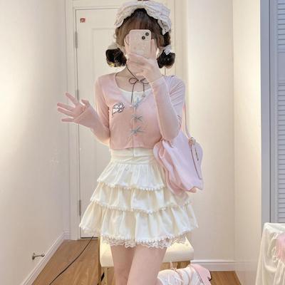 Atuendo dulce japonés de otoño para mujer, top con lazo bordado para mujer, top corto con lazo estético Y2k de manga larga, lindas camisetas elegantes