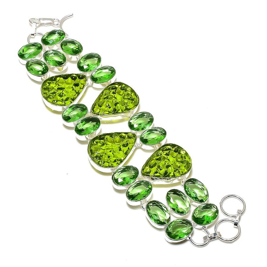 Moldavite Quartz, Tsavorite Gemstone 925 Sterling Silver Bracelet 7-8" d8j72